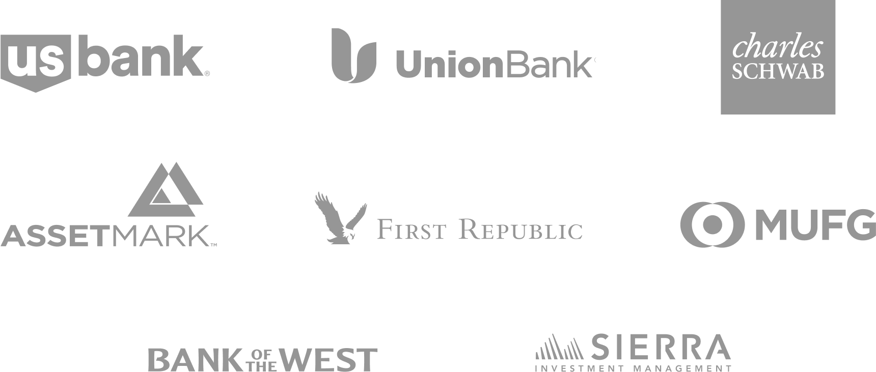 U.S. Bank, Union Bank, Charles Schwab, First Republic, Bank of the West, AssetMark, MUFG, Sierra Investment Management