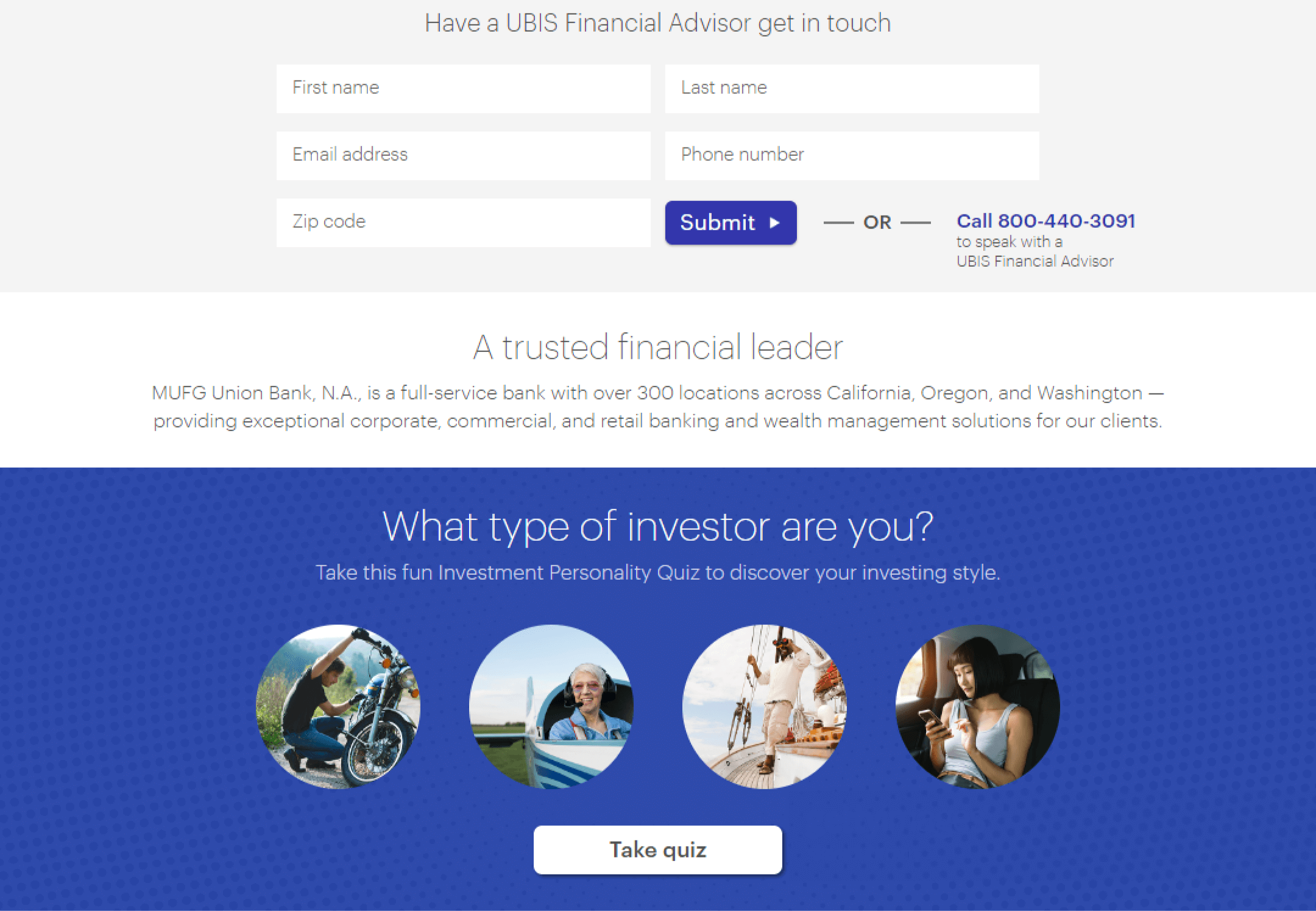 screenshot of Union Bank webpage with Investor Quiz